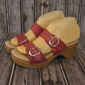 Sz 37 / 6.5-7 Dansko Sophie Red Snake Print Leather Wedge Slide Sandals EUC!